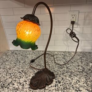 Elegant Nouveau Table Lamp Abat - Jour W Green And Amber Glass